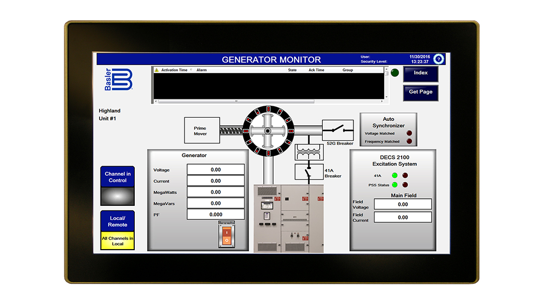 Generator monitoring screen of an IDP-1500 Interactive Display Panel used on a DECS-2100 Excitation System